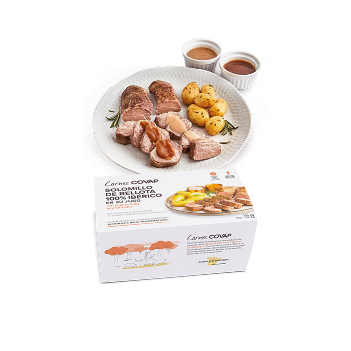 solomillo de bellota 100% ibérico en su jugo asado para navidad en solo 20 minutos al horno. Asado navideño con guarnición de patatas baby aromatizadas y salsa a la miel de la sierra y mostaza.