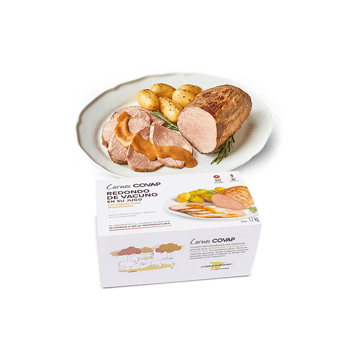 Redondo de vacuno en su jugo asado navideño en sólo 20 minutos al horno con guarnición de patatas baby aromatizadas aromatizada y dos salsas a elegir. Salsa a la miel de la sierra y mostaza.