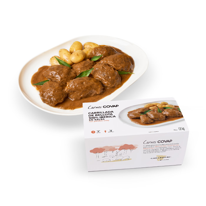 Carrillada de Bellota 100% Ibérica en salsa, cocinada a fuego lento con los mejores ingredientes y AOVE. La inigualable carne de Bellota 100% ibérica del Valle de los Pedroches
