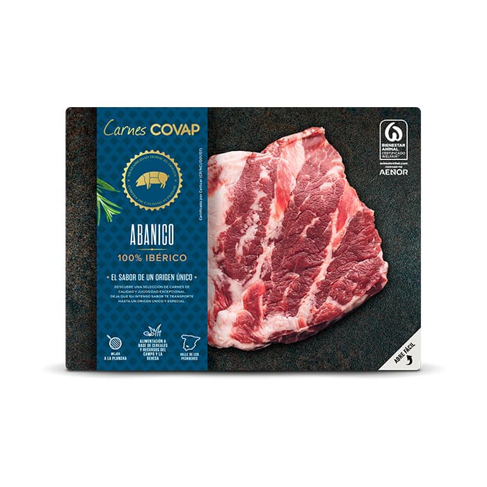 Abanico Ibérico es una pieza que se encuentra junto a la presa está marcada por sus vetas de grasa en forma de abanico y tiene un sabor intenso.