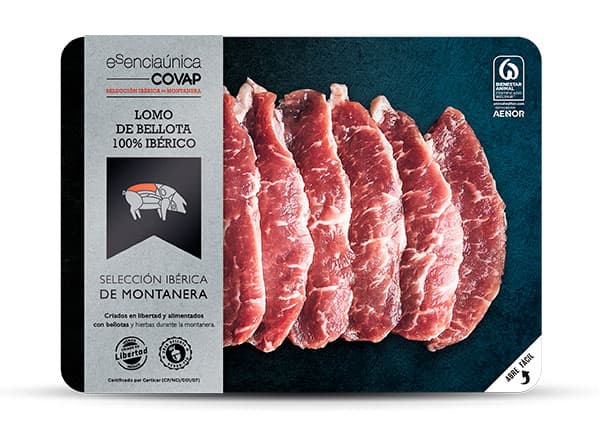 El Lomo de Bellota 100 % Ibérico Alta Expresión, pieza seleccionada procedente de la Montanera, momento único donde los cerdos de raza 100% Ibérica se alimentan de bellota.
